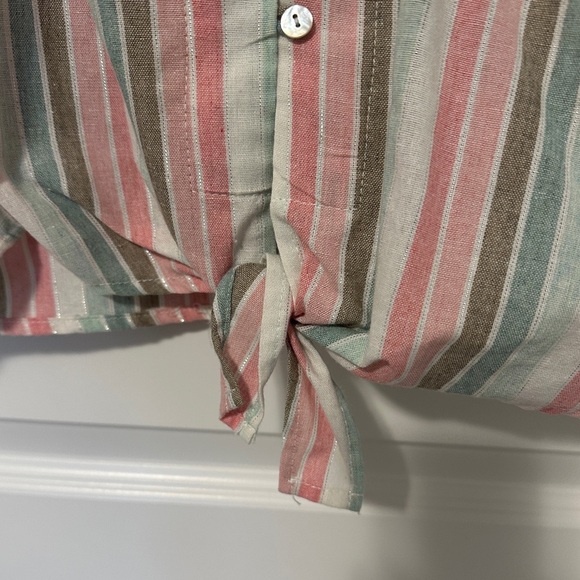 Point Zero Women’s Pink Blue Stripes Buttoned Tie Up Short Sleeve Top Size Small - Picture 3 of 9